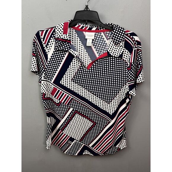 Weekends by Chico's Polo Top Womens Size 1 Medium Stretch Polka Dot Bold Graphic - Picture 1 of 7